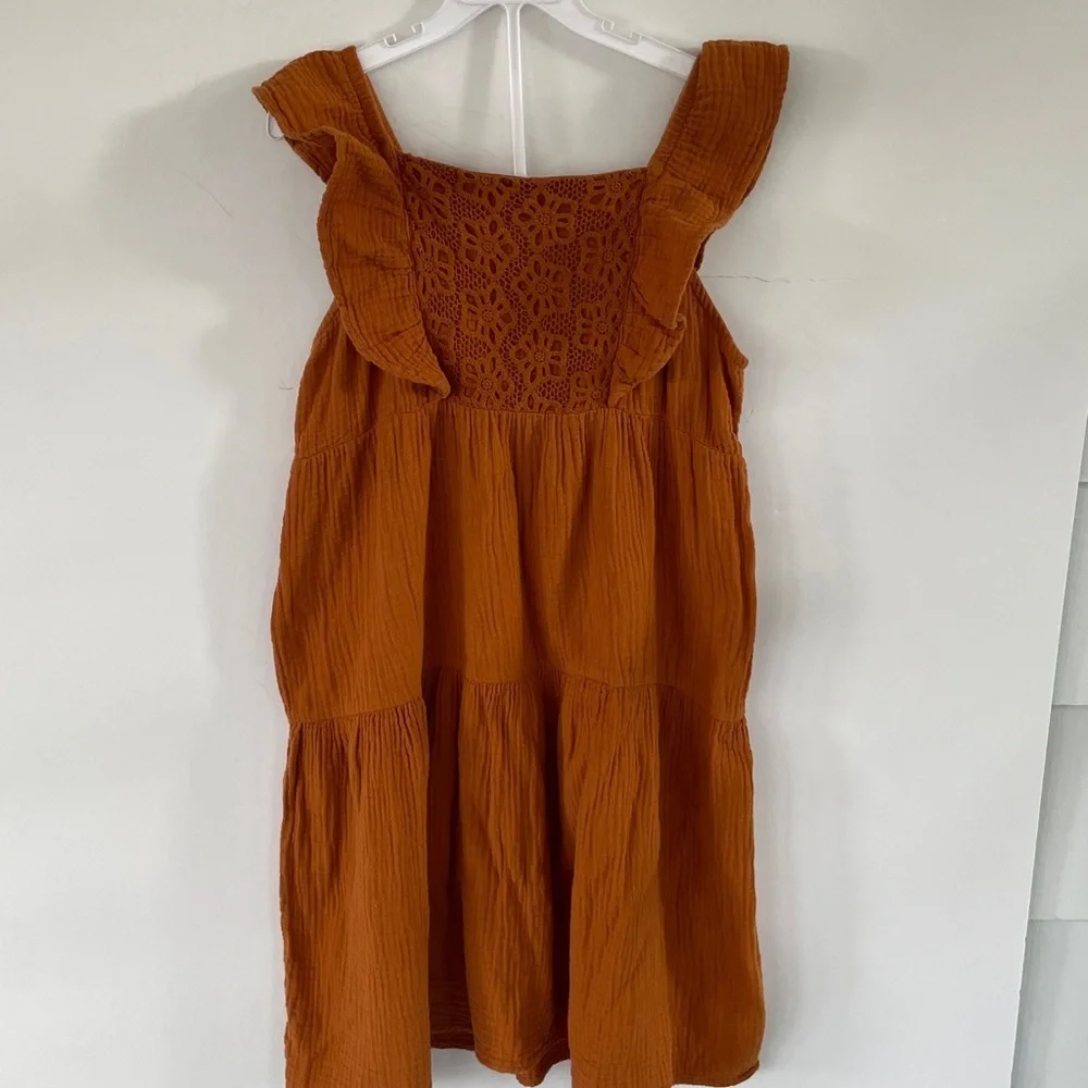 Wonder Nation Girls Terracotta Cotton Dress Ruffles and Crochet Details XL 14/16